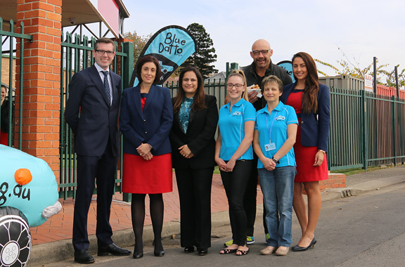 Minister Dominic Perrottet with Service NSW Manager Christine Kosorukow, CEO Rachna Gandhi, Lauren Northern and Colleen Vassallo from Blue Datto, Rugby League legend Mark Geyer, and Richmond Manager Danielle Abela.